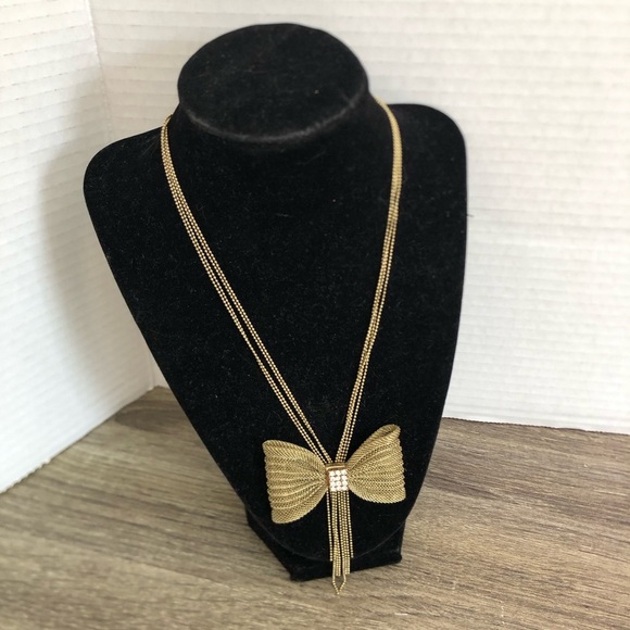 Vtg Gold Bow Rhinestone Necklace - Picture 2 of 15